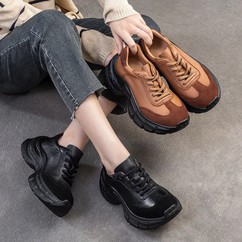 Scarpe da ginnastica casual con plateau in morbida pelle retrò da donna