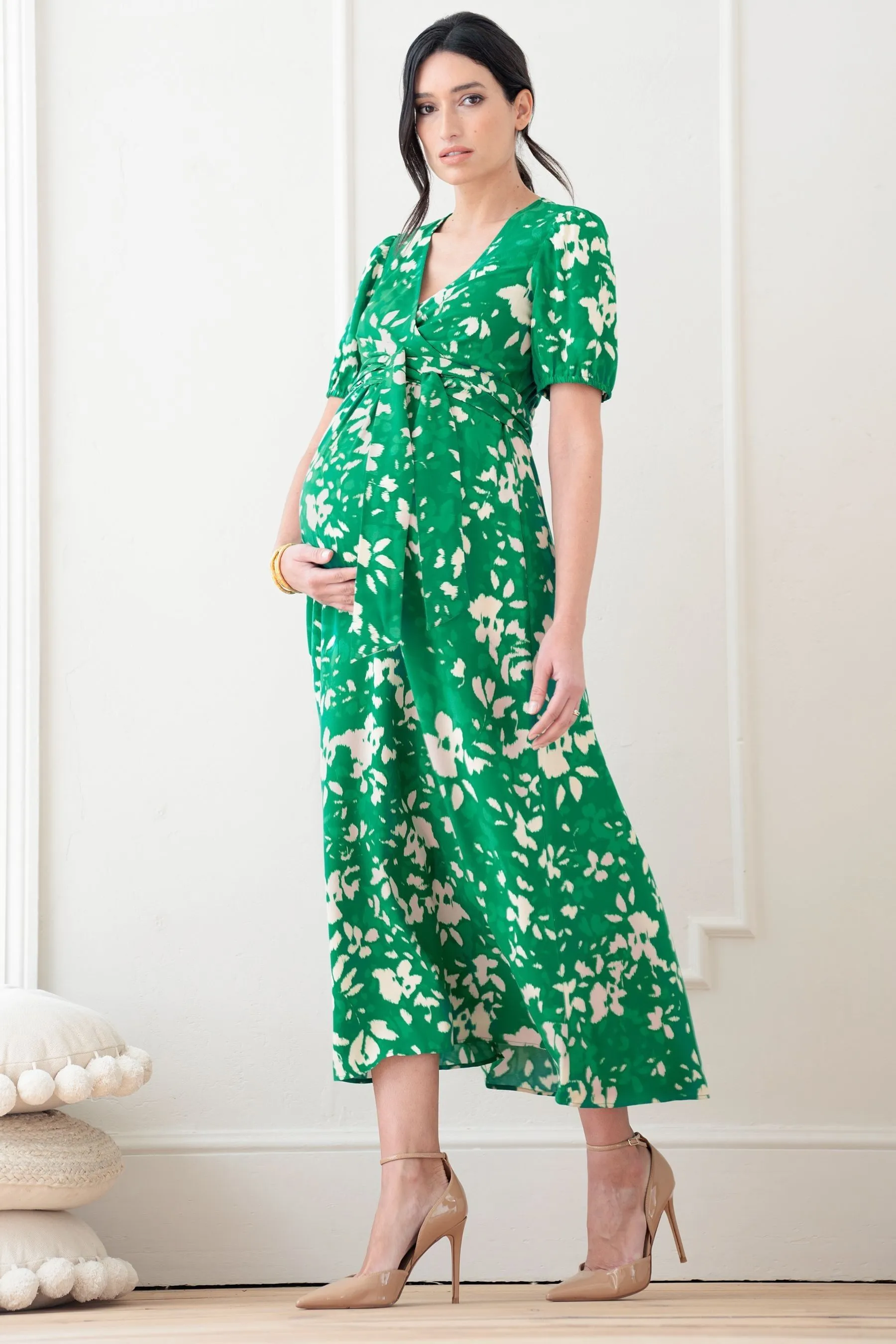 Seraphine Verde - Abito midi premaman con allacciatura frontale