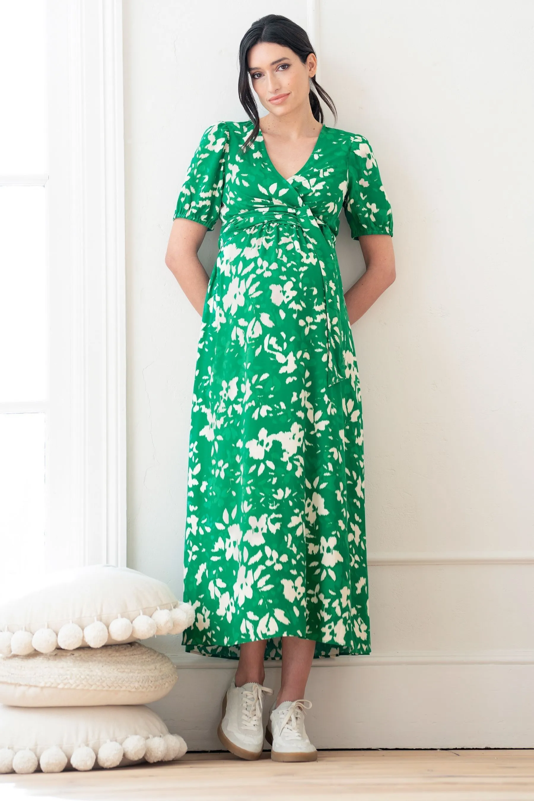 Seraphine Verde - Abito midi premaman con allacciatura frontale