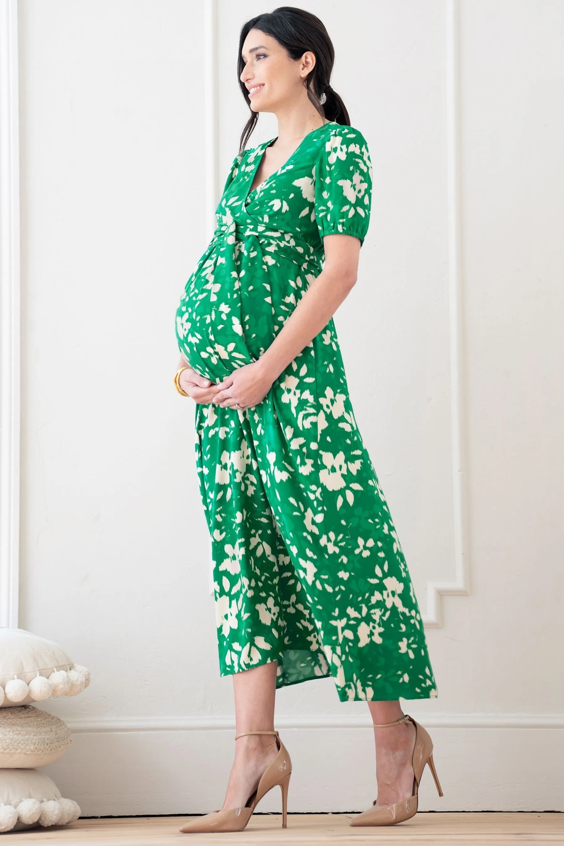 Seraphine Verde - Abito midi premaman con allacciatura frontale