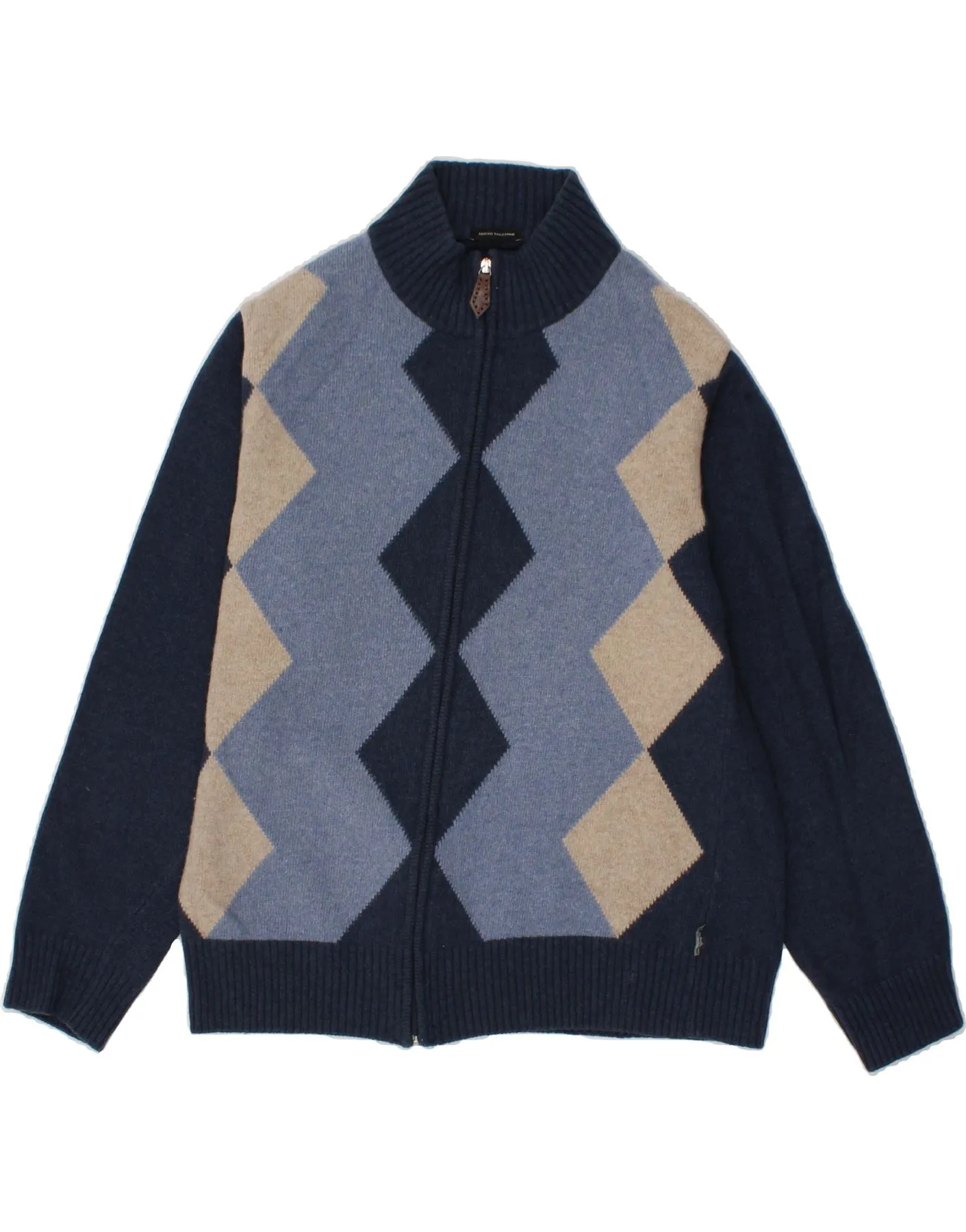 SERGIO TACCHINI Mens Cardigan Sweater Medium Navy Blue Argyle/Diamond Wool