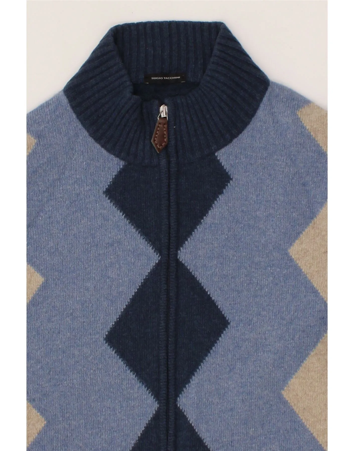 SERGIO TACCHINI Mens Cardigan Sweater Medium Navy Blue Argyle/Diamond Wool