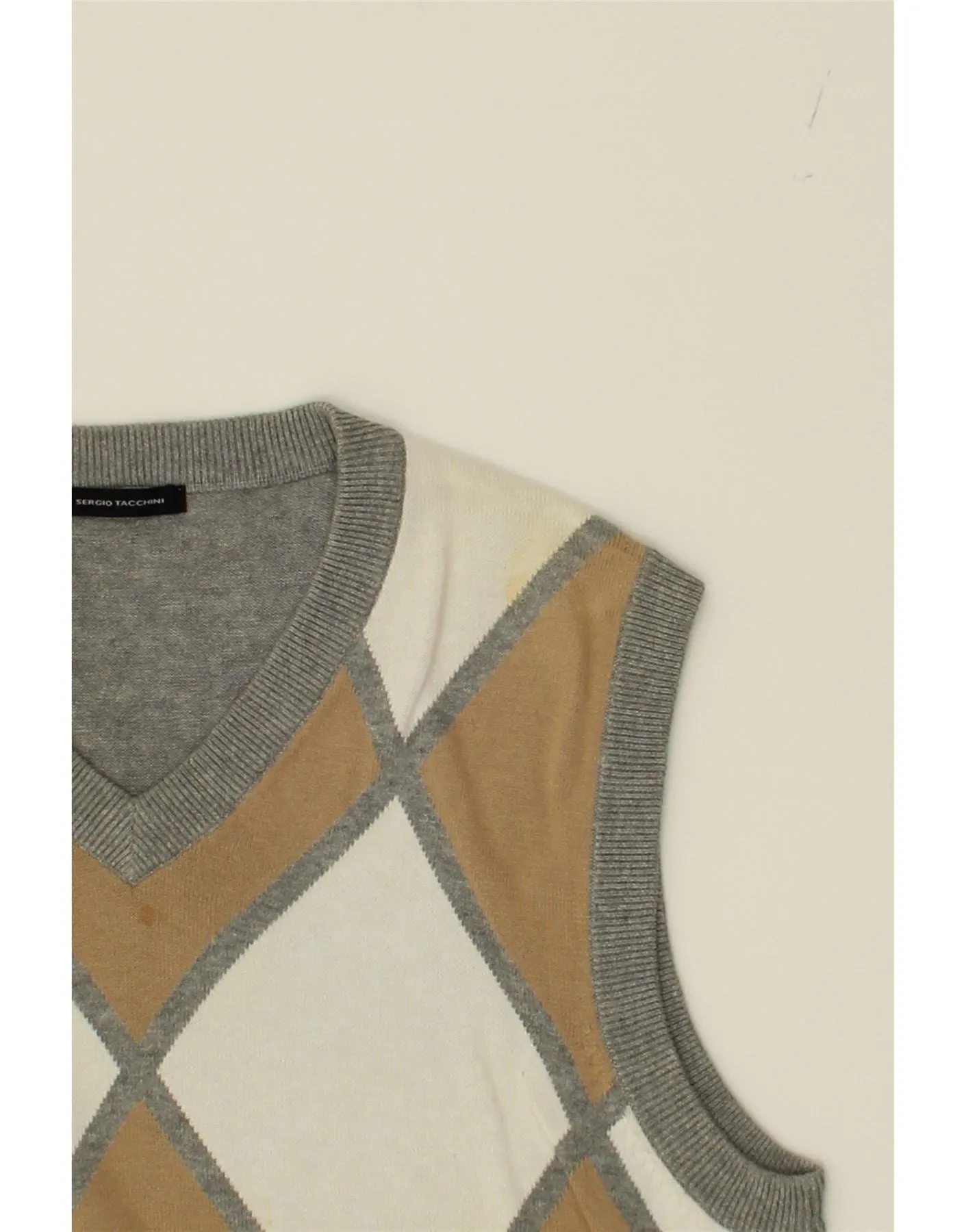 SERGIO TACCHINI Womens Vest Tank Top UK 18 XL Grey Argyle/Diamond Cotton