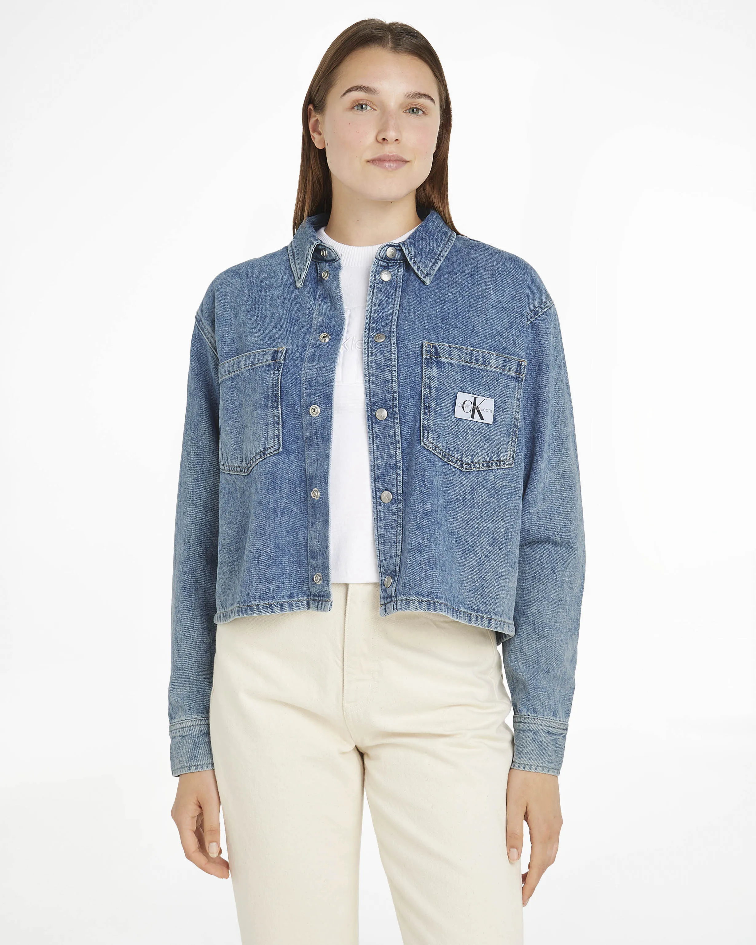 Shacket blu stone washed corta in denim di cotone leggero con colletto a camicia