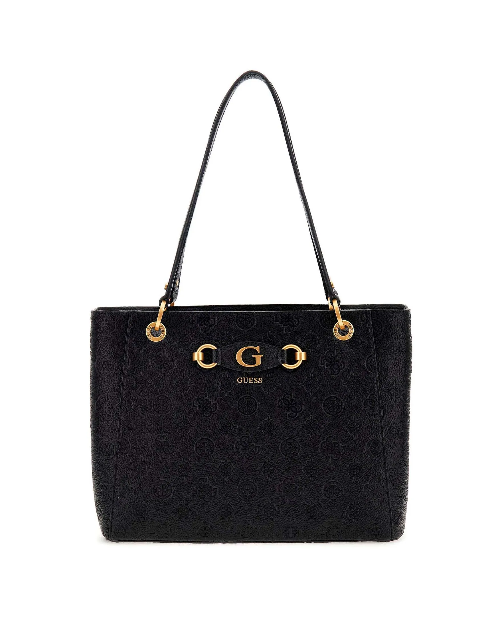 Shopping bag nera in similpelle martellata a fantasia monogram a rilievo e listino logo frontale