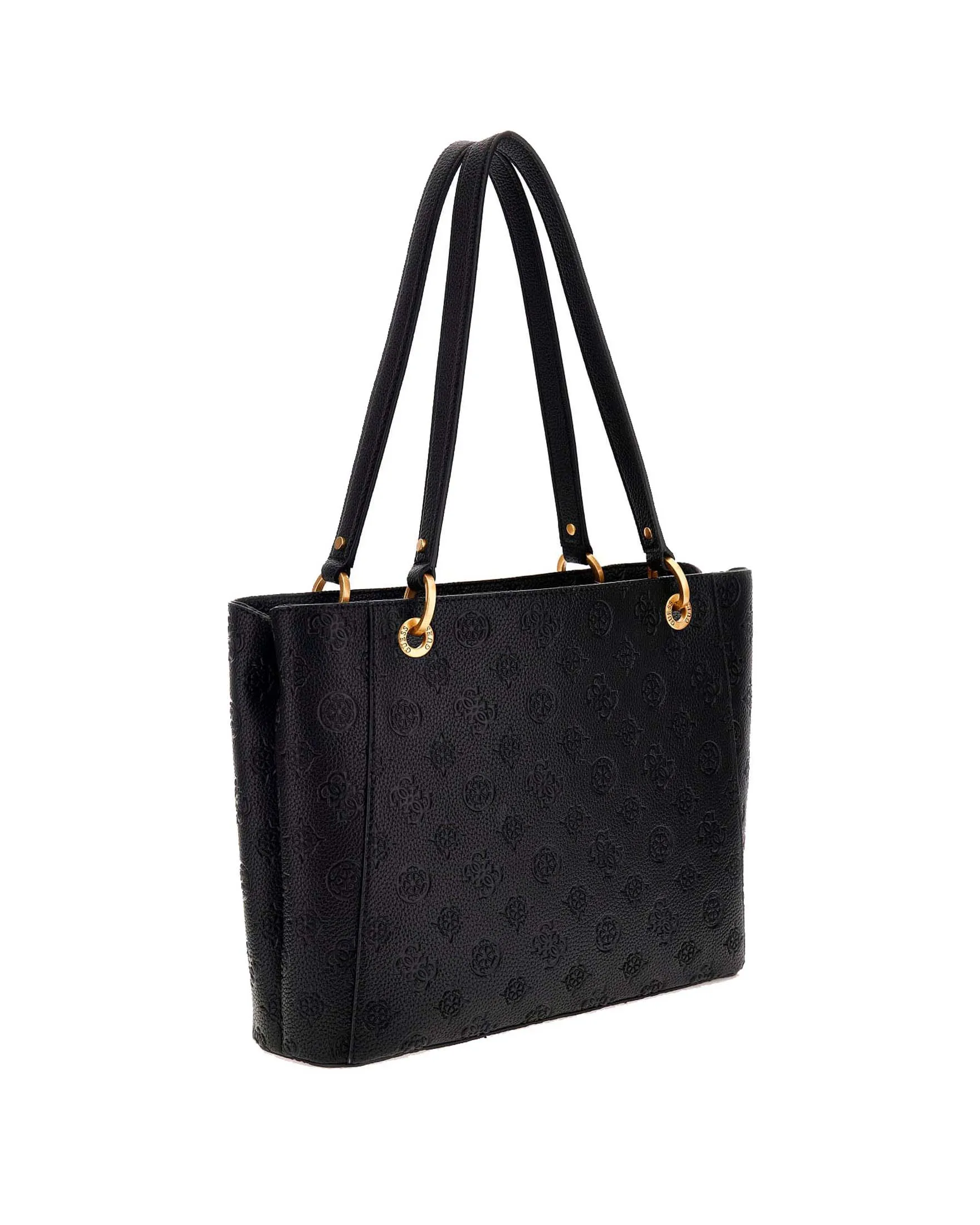 Shopping bag nera in similpelle martellata a fantasia monogram a rilievo e listino logo frontale