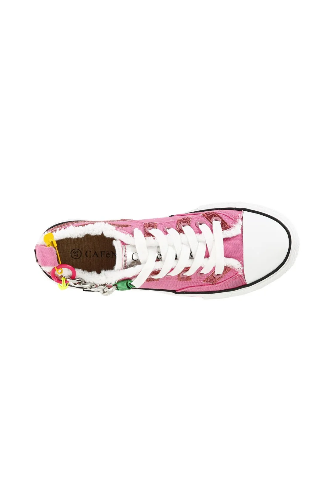 sneakers in tessuto con glitter e catena su suola  a cassetta fuxia