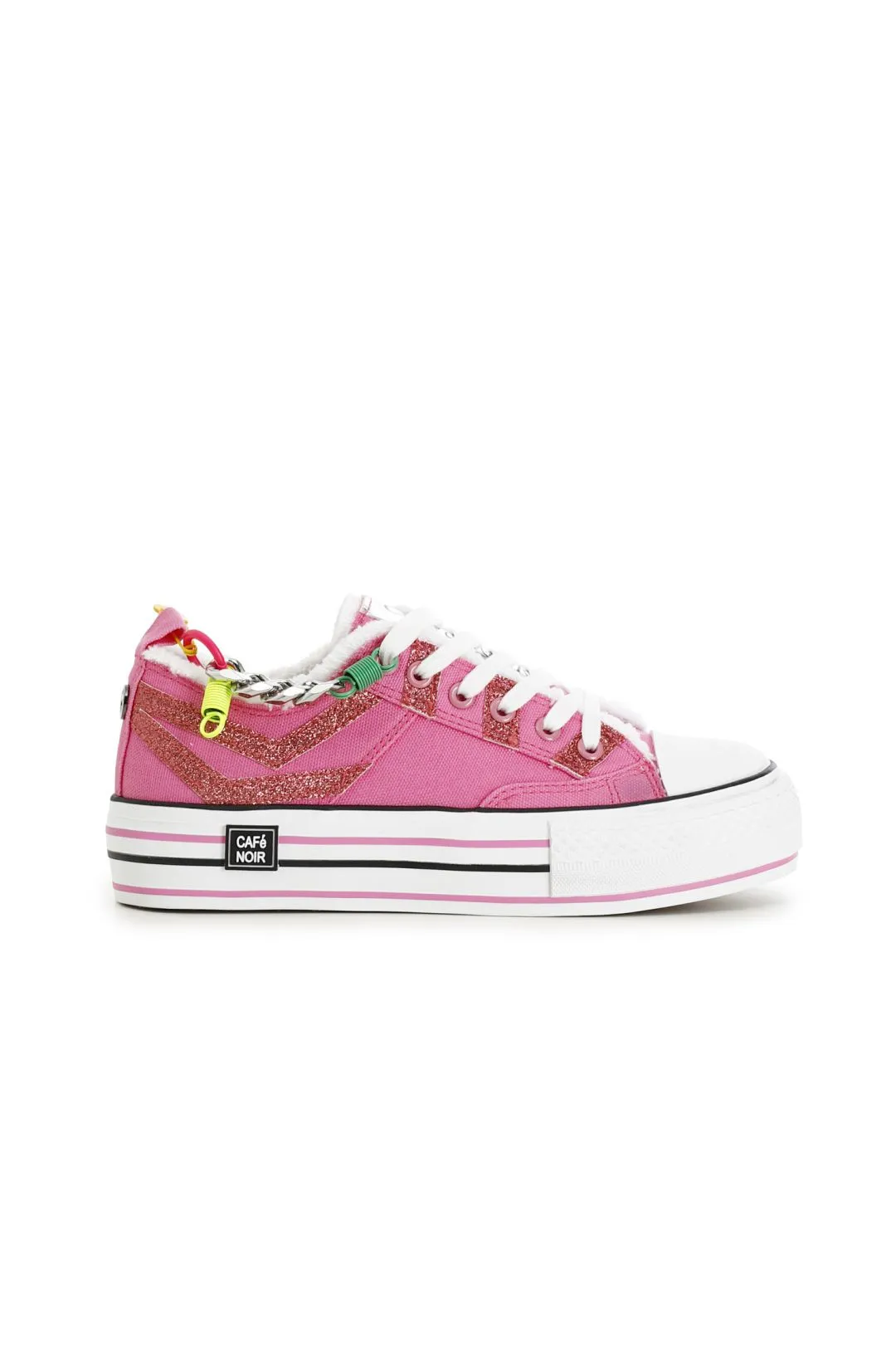 sneakers in tessuto con glitter e catena su suola  a cassetta fuxia