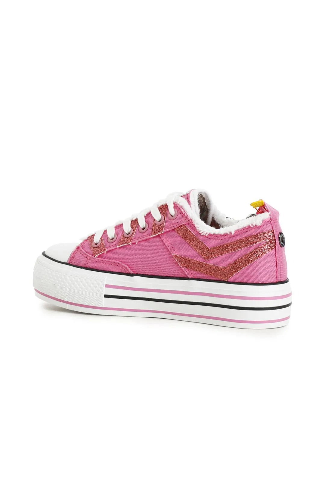 sneakers in tessuto con glitter e catena su suola  a cassetta fuxia