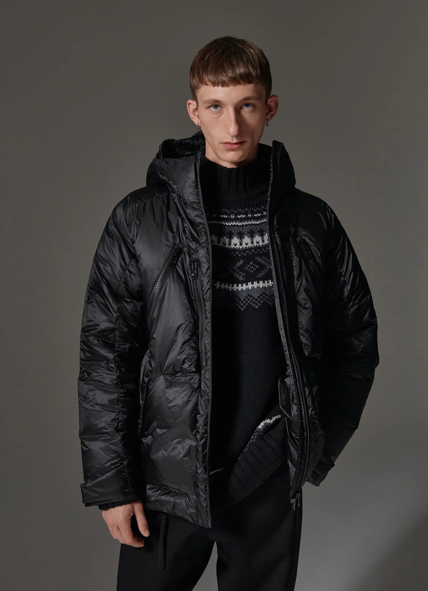 Solid-colour parka-style down jacket in mini rip-stop