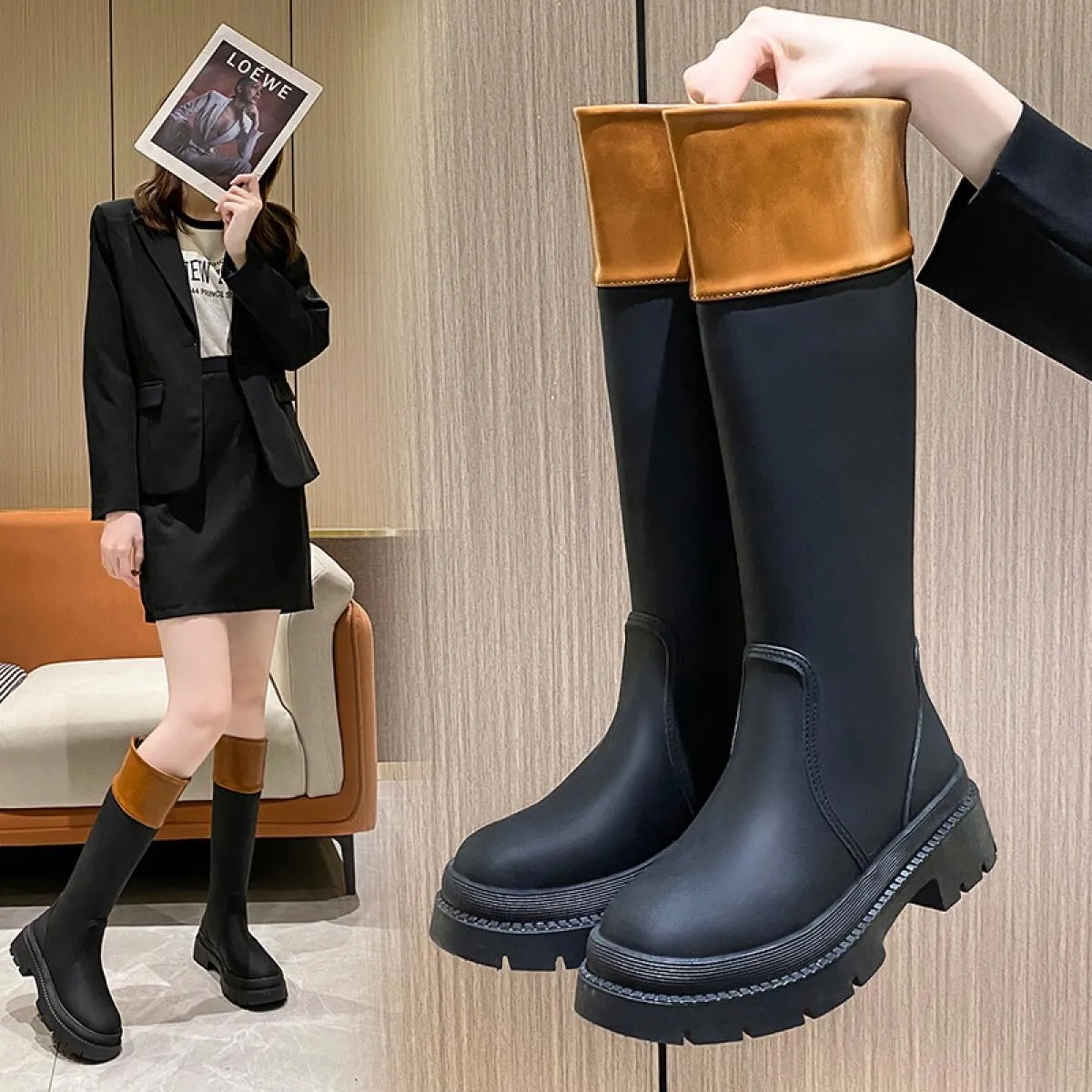 Stivali da combattimento robusti in pelle con plateau Stivali al ginocchio neri Perni Slip casual neri sulla passerella da strad