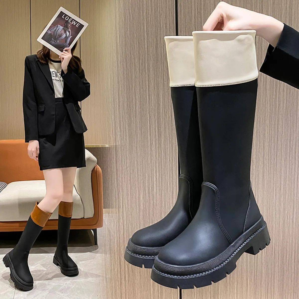 Stivali da combattimento robusti in pelle con plateau Stivali al ginocchio neri Perni Slip casual neri sulla passerella da strad
