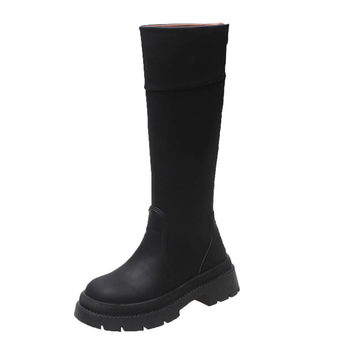 Stivali da combattimento robusti in pelle con plateau Stivali al ginocchio neri Perni Slip casual neri sulla passerella da strad