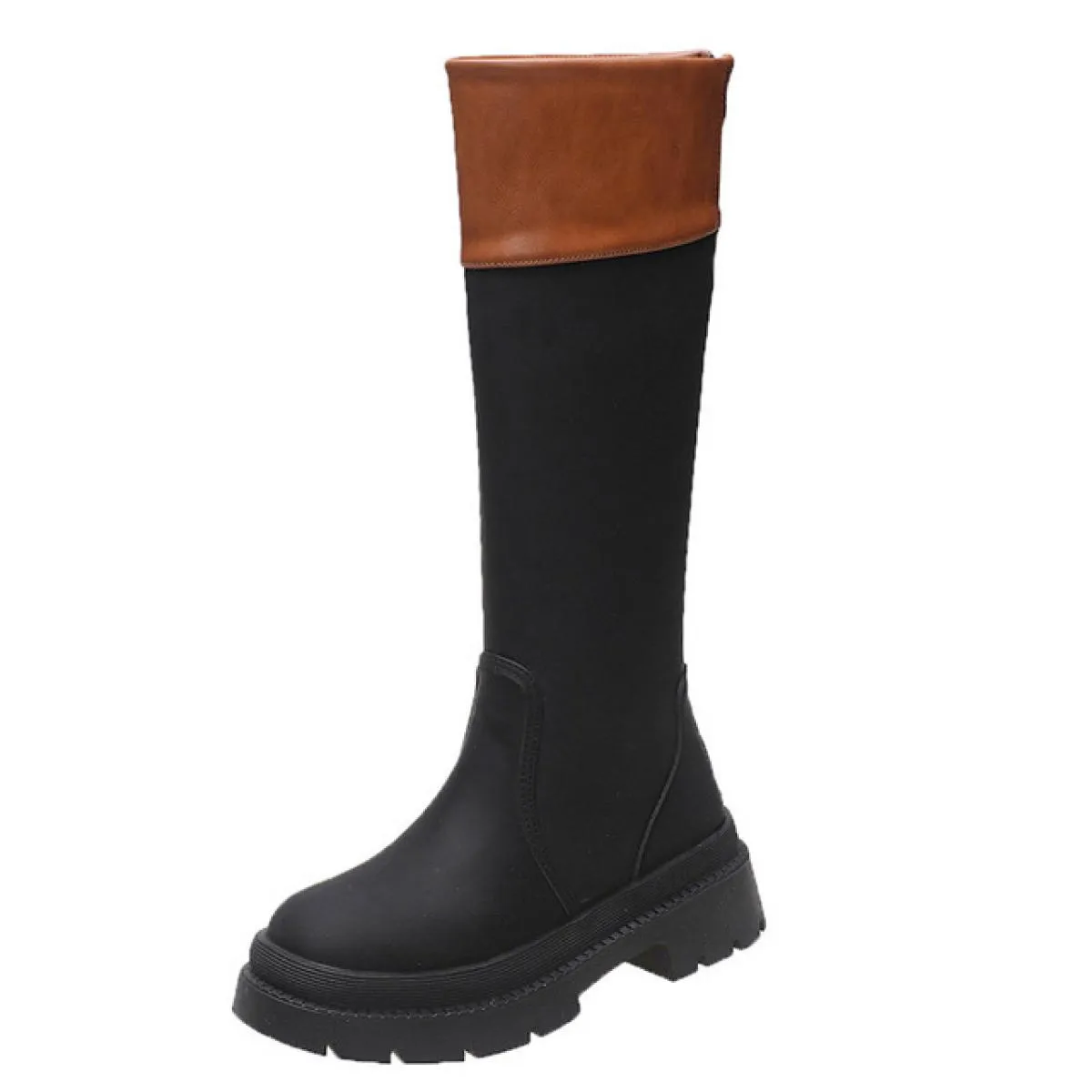Stivali da combattimento robusti in pelle con plateau Stivali al ginocchio neri Perni Slip casual neri sulla passerella da strad