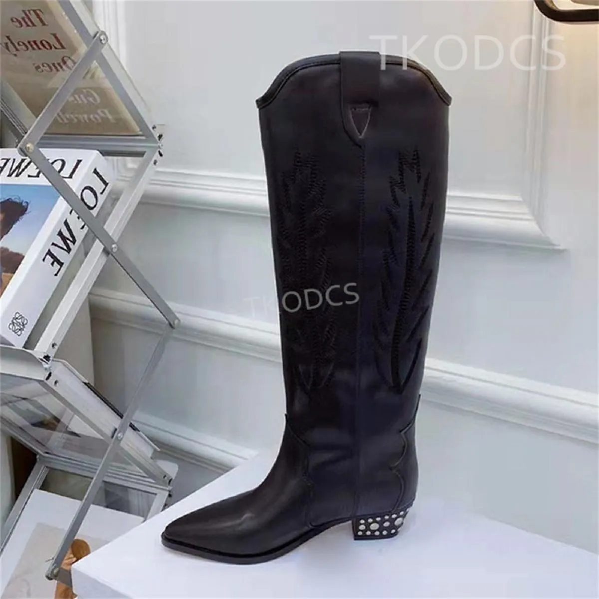 Stivali da cowboy lunghi occidentali di design di marca Stivali alti al ginocchio retrò in vera pelle da donna Punta a punta Sli
