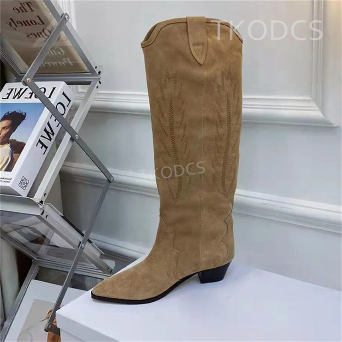 Stivali da cowboy lunghi occidentali di design di marca Stivali alti al ginocchio retrò in vera pelle da donna Punta a punta Sli
