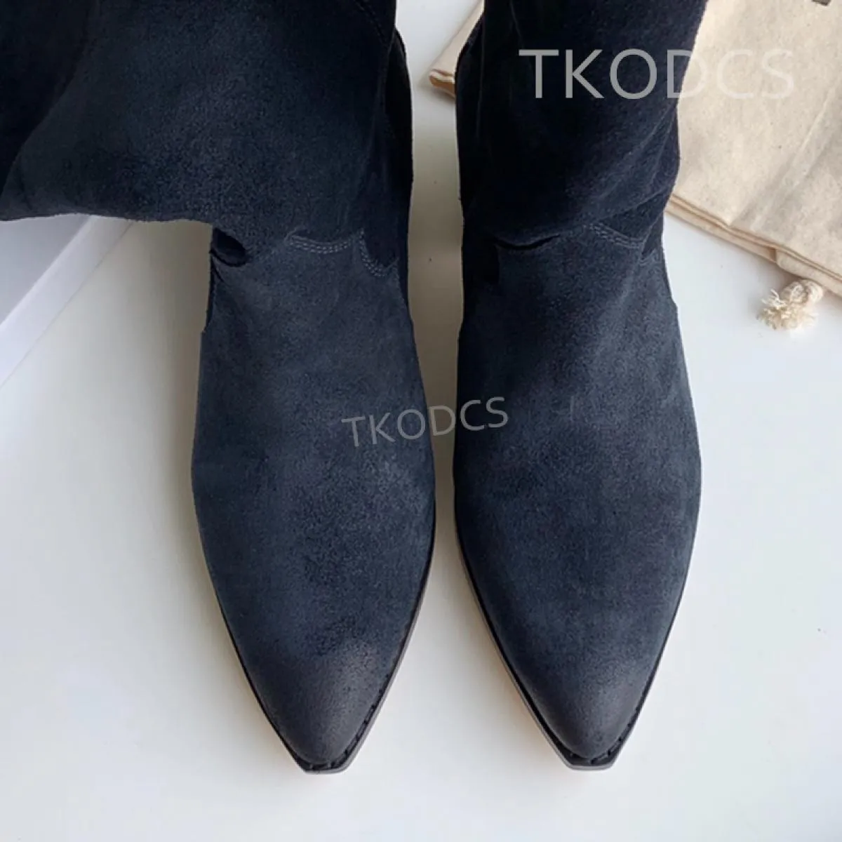 Stivali da cowboy lunghi occidentali di design di marca Stivali alti al ginocchio retrò in vera pelle da donna Punta a punta Sli