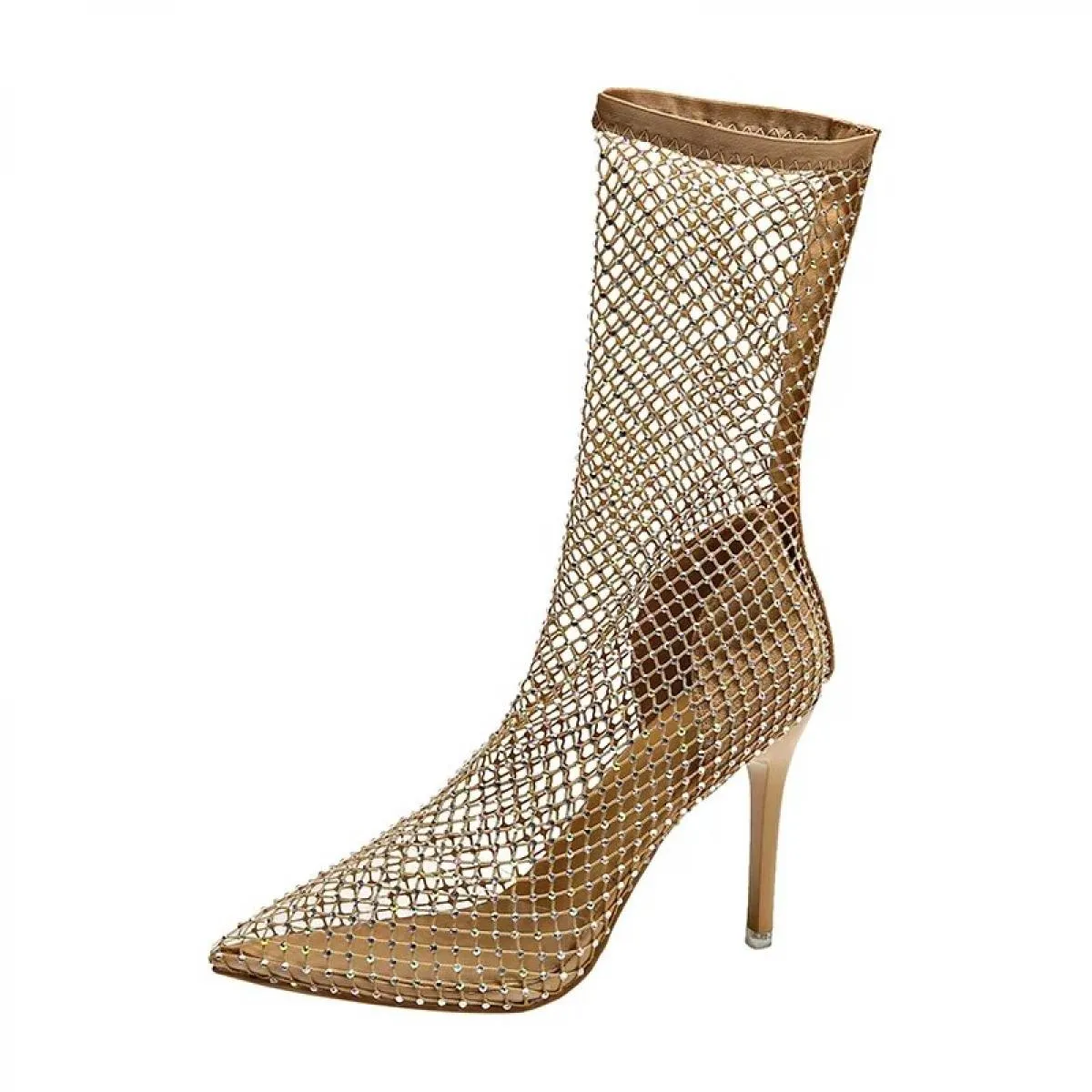 Stivali scavati in rete Stivali tacco alto sottili da donna 2023 Stivali grandi a punta corta in oro con tendenza da donna 34 42