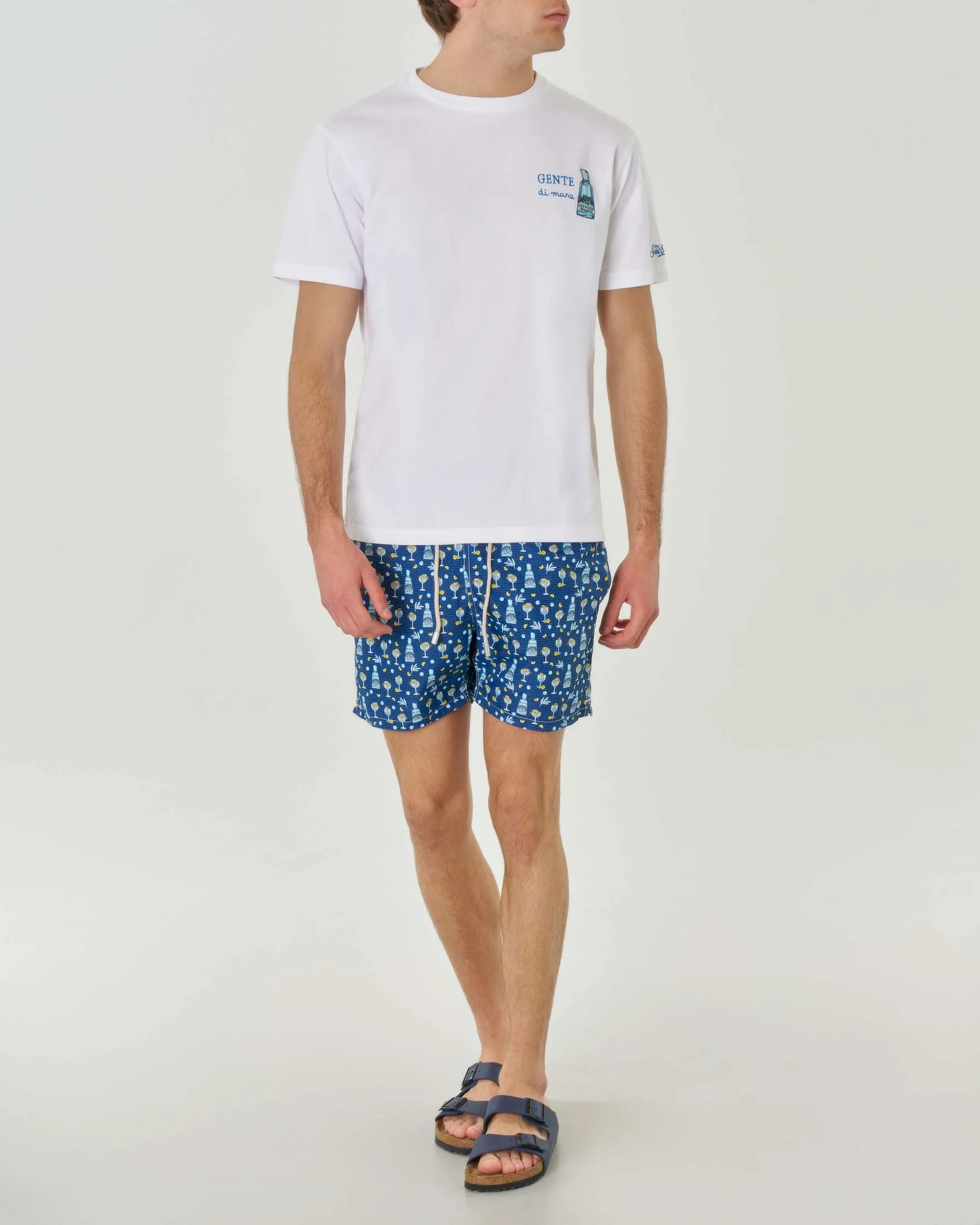 T-shirt bianca mezza manica in cotone con ricamo Gente di Mare sul petto