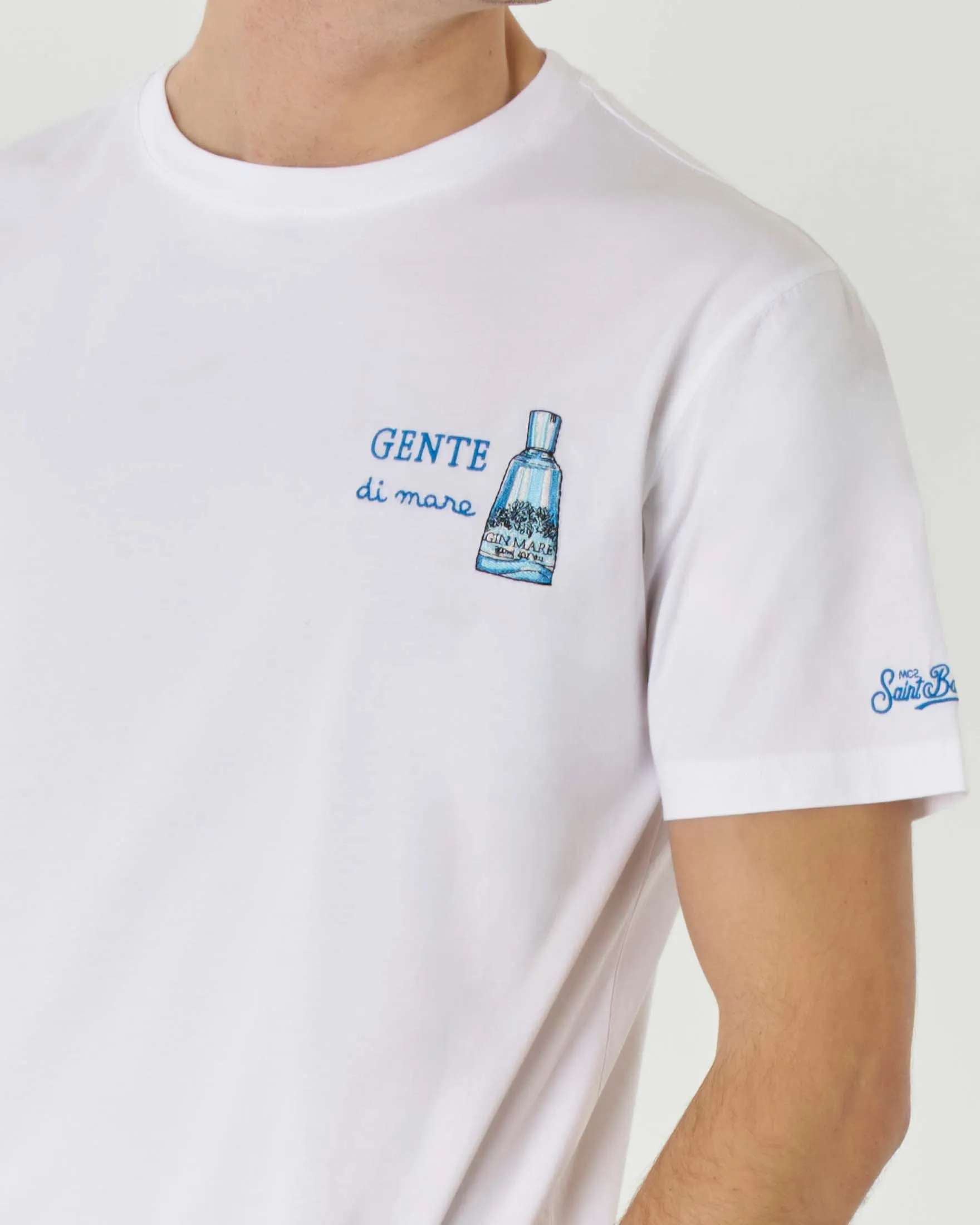 T-shirt bianca mezza manica in cotone con ricamo Gente di Mare sul petto