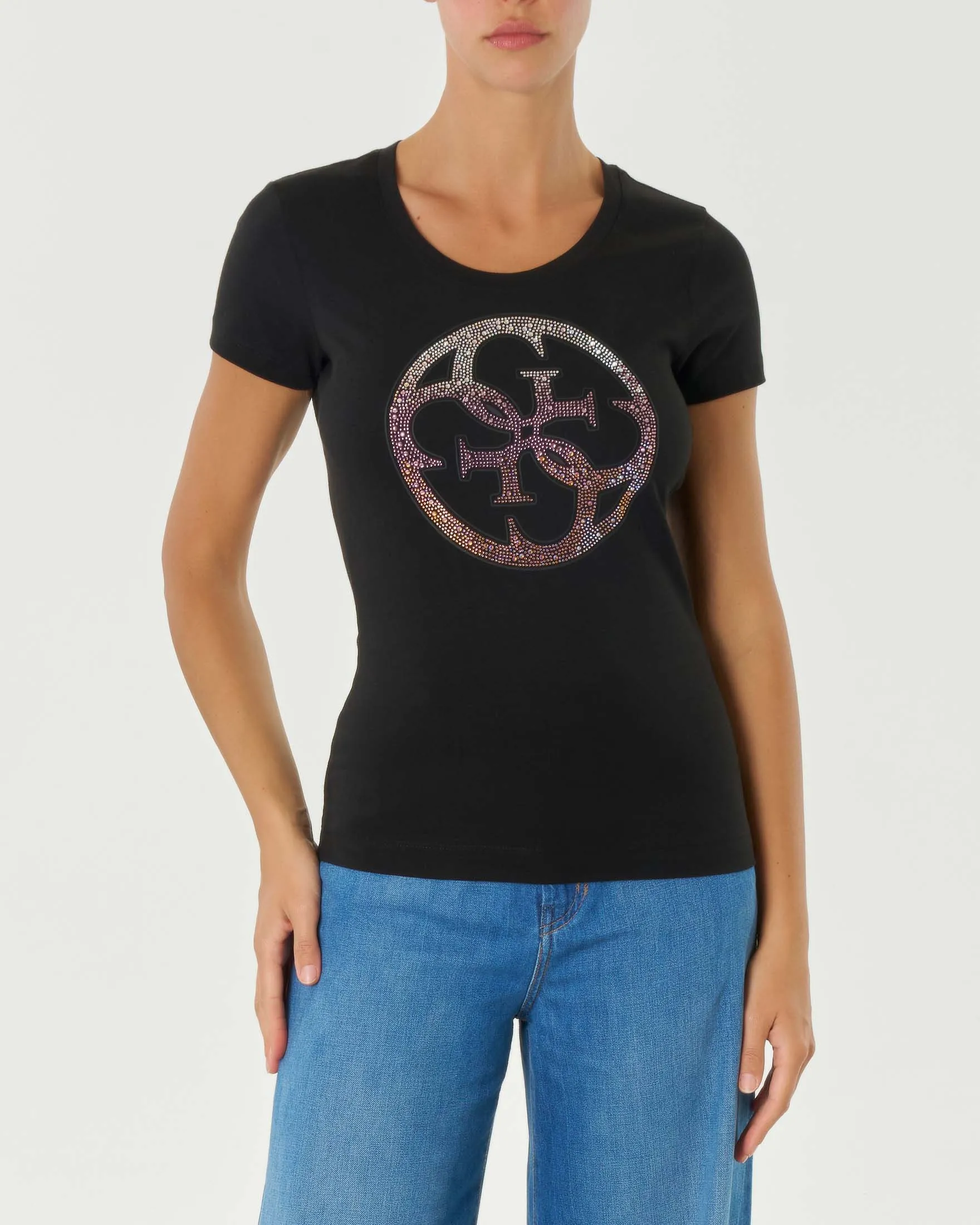 T-shirt nera in cotone con logo 4 G a cerchio frontale con swarovski multicolor