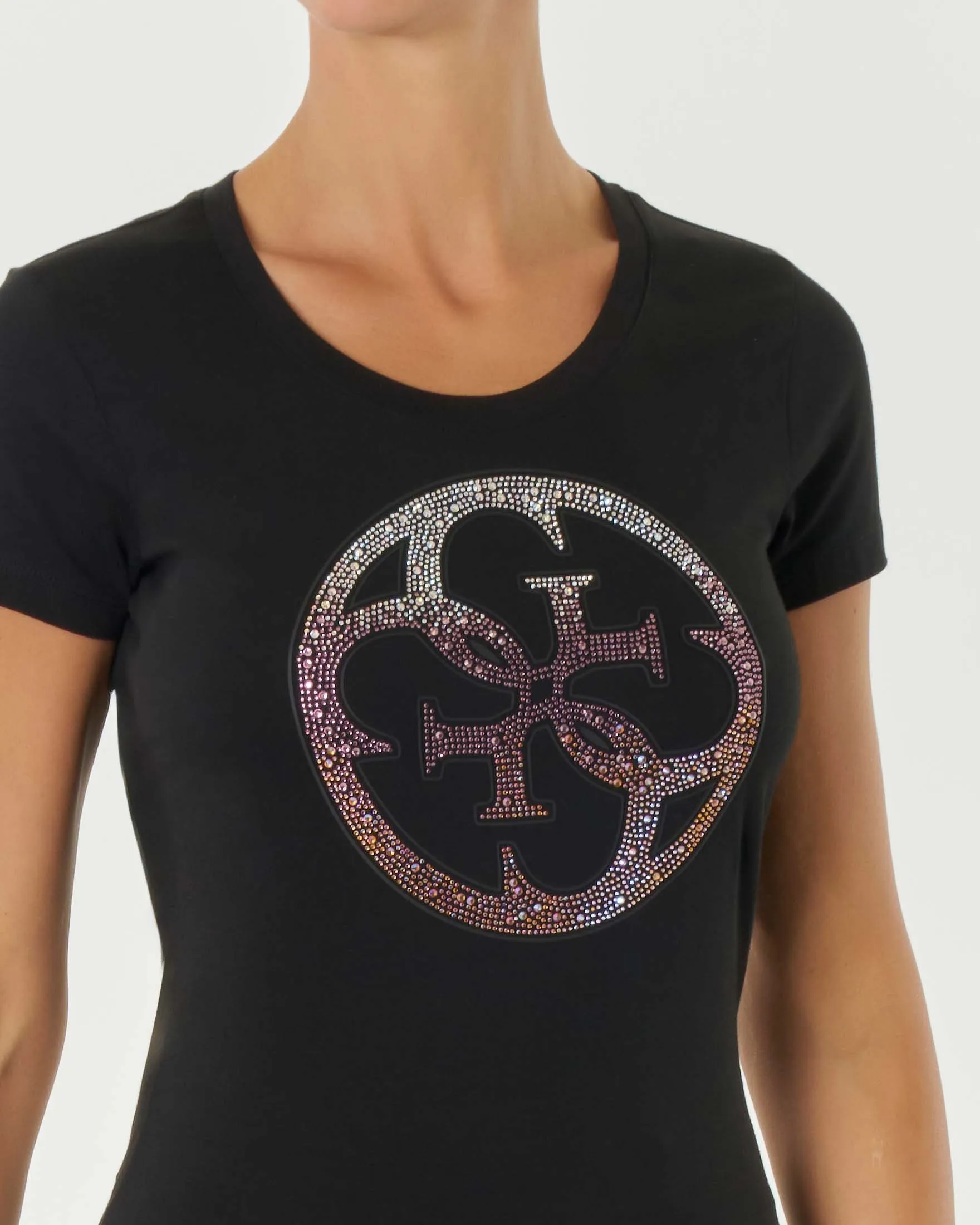 T-shirt nera in cotone con logo 4 G a cerchio frontale con swarovski multicolor