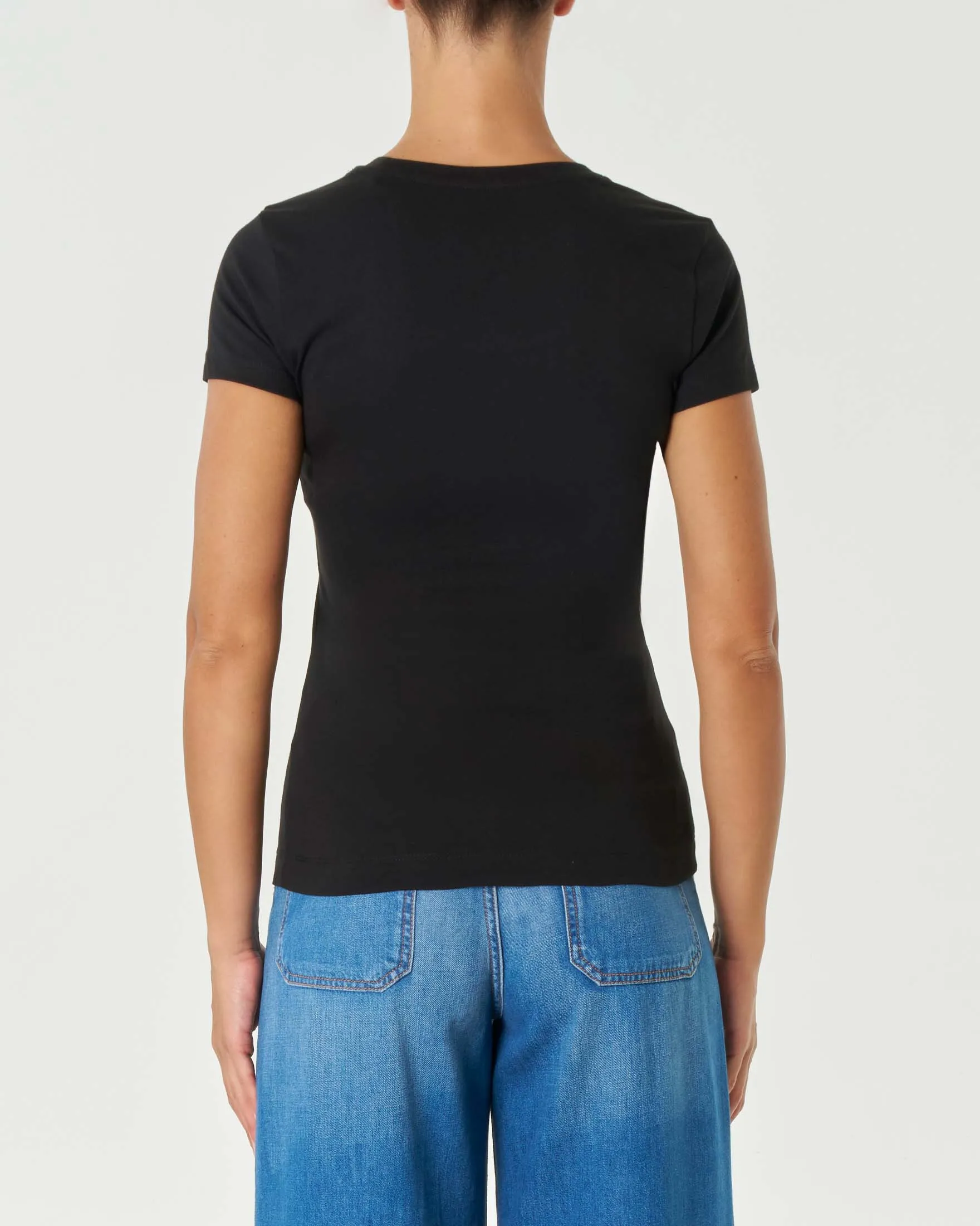 T-shirt nera in cotone con logo 4 G a cerchio frontale con swarovski multicolor