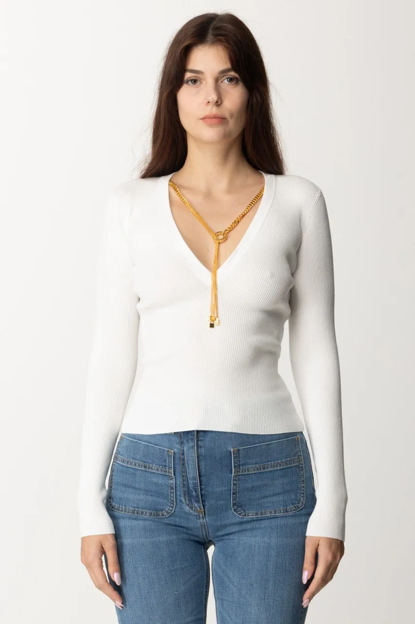 Top a a costine con collana Avorio