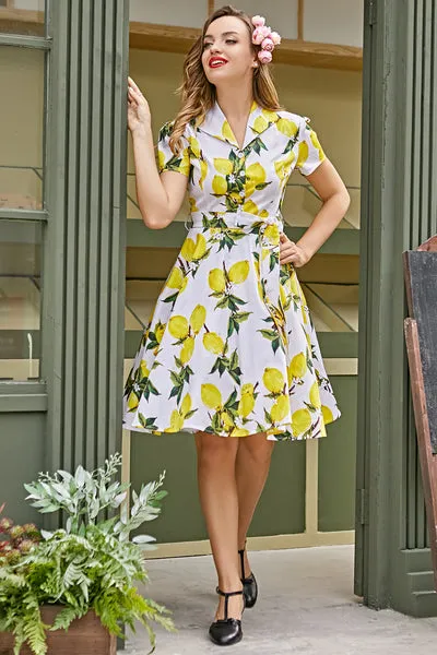 Vintage Lemon Print Vestiti Anni 50 Abito Swing