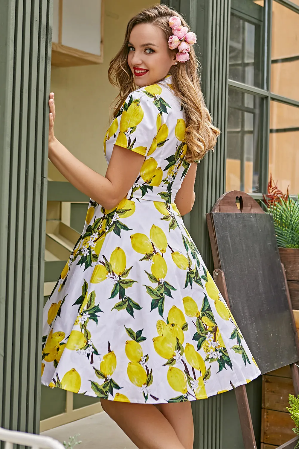 Vintage Lemon Print Vestiti Anni 50 Abito Swing